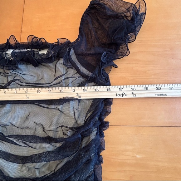 Boston Proper M Black Sheer Ruffle Cap Sleeve Coquette Evening Top - Picture 4 of 9